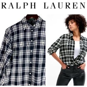 Lauren Ralph Lauren Cotton Black White Plaid Western Button Blouse Flaw SZ L
